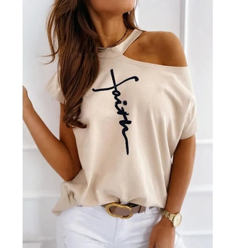 Printed T-shirt Women S-3XL Size Ladies One-shoulder Letter Tops Summer Loose and Cute T-shirt Fashion Top Women Strapless Sexy