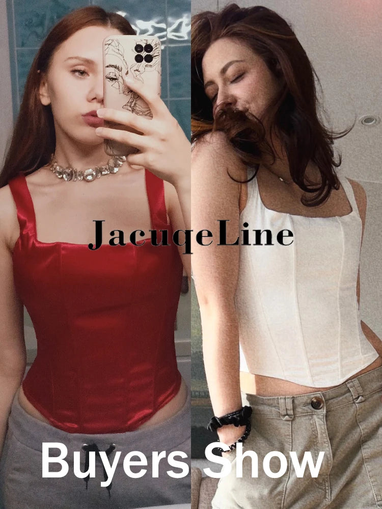 Jacqueline 2023 White Backless Bandage Corset Tops Women Sexy Square Neck Satin Bustier Tank Crop Top Elegant Party y2k Clothes