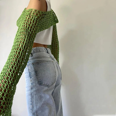 BoozRey NEW 2023 Casual Summer Green Long Sleeve Smock Knitted Crop Top Women Y2k Beach Sexy Backless Hollow Out T Shirts Party