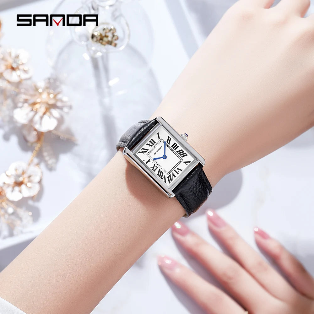 SANDA Men Women Rectangular Quartz Wrist Watches for Casual Ladies Stainless Watches Luxury Leather Lovers Gift Box Clock