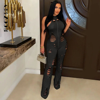 BoozRey Sexy Knit Ribbed Hollow Slim Bodycon Women 2023 Birthday Party Night Rave High Neck High Waist Slim Streetwear Jumpsuit