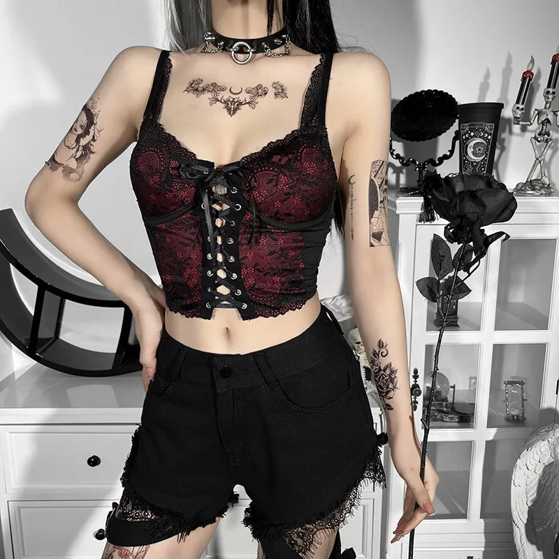 Goth Sexy Lace Corset Crop Tops Camis Y2K Harajuku Aesthetic Black Red Cross Basic Tank Top Summer Women Grunge Emo Streetwear