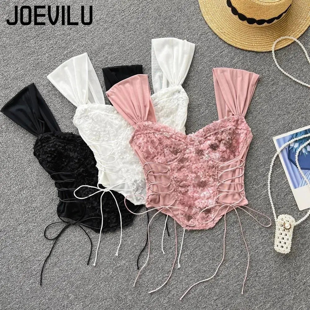 Flower Lace Tank Top Babes Boho Fish Bone Crop Top Sexy Inner Strap Women's Summer French Tube Tops Y2k Cute Clothes Pink Corset