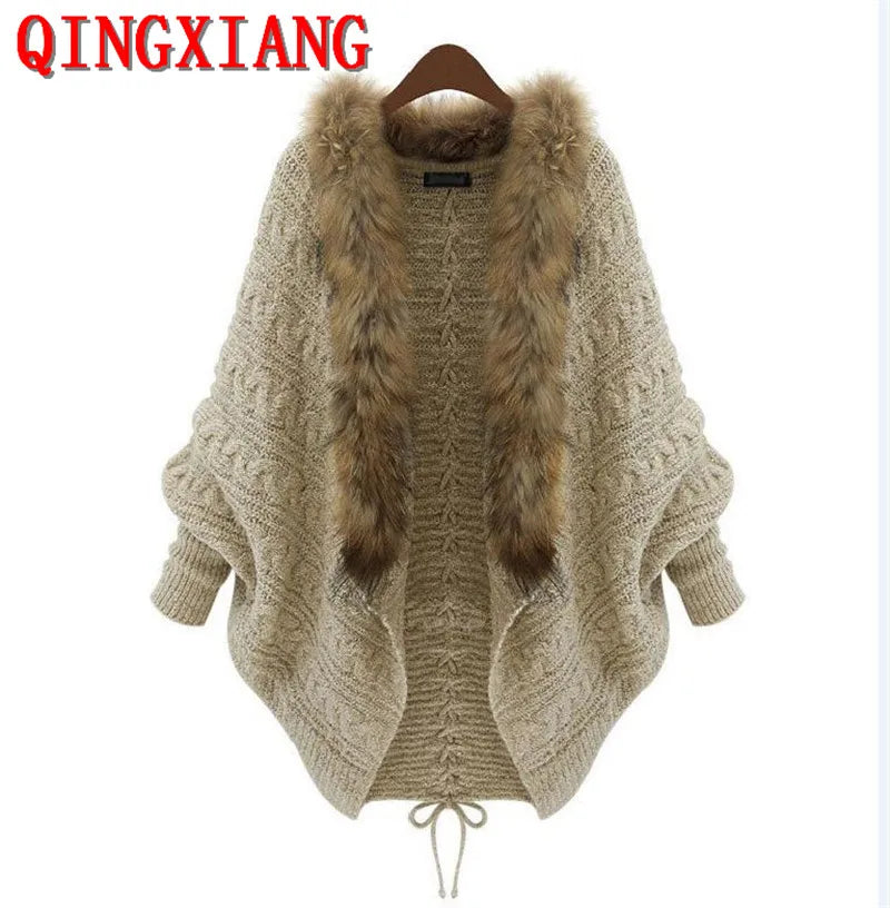 Oversize Knitwear Autumn Winter Women Khaki Faux Fur Neck Knitted Cardigans Female Long Batwing Sleeves Loose Sweater Shirt