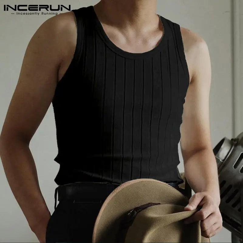 INCERUN Korean Style Tops 2023 New Men's Fashion Knit Stretch Vests Stylish Male Solid Color COmfortable Summer Tank Tops S-5XL