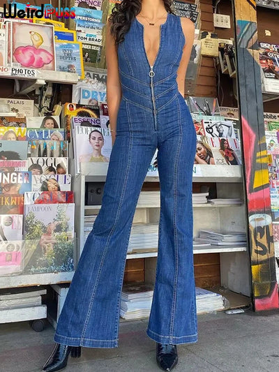 Weird Puss Denim Elegant Jumpsuit Women Zipper Heart Backless High Waist Straight-Leg Streetwear Trend Skinny Workout Overalls