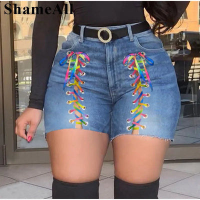 Plus Size Sexy White Blue Hollow Out Denim Shorts 4XL Summer Women High Waist Ripped Tassel Short Jeans Lace Up Bandage Hotpants