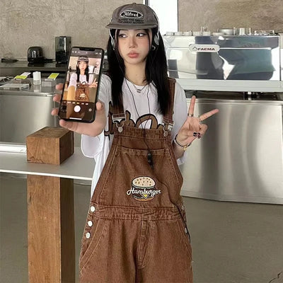 Spring Women Denim Overalls Brown Straight Long Wide Leg Jumpsuits 2023 Korean Streetwear Loose Summer Women Thin Denim Jumpsuit