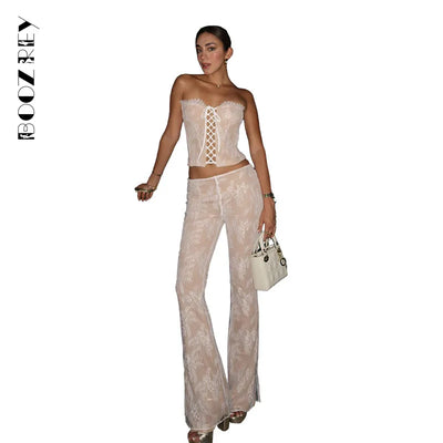 BoozRey Breast Strap Hollowed Out Top High Waist Lace  Splicing Straight Leg Micro Cropped Pants Summer Fashion Two-piece