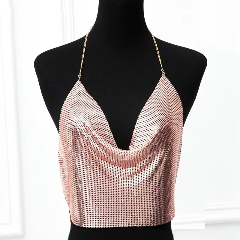 Sexy Rhinestone Backless Party Crop Top Women Glitter Turtleneck TShirt Adjustable Metal Chain Summer Nightculb Diamond Tank Top