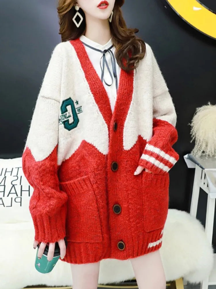 H.SA 2022 Women Oversized Cardigans V Neck Letters Embroidery Casual Patchwork Loose Jumpers Thick Warm Spring Knit Jacket Coat