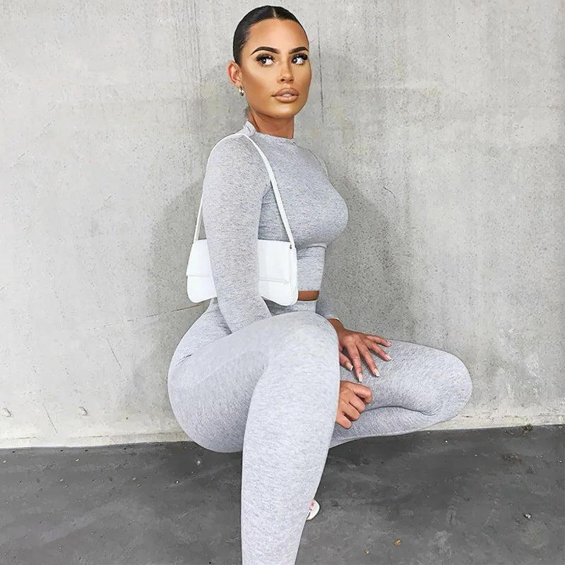 Autumn Winter Two Piece Set Women Outfits Long Sleeve Crop Tops T-shirt Leggings Pants Sports Suit Female Tracksuit Clothes