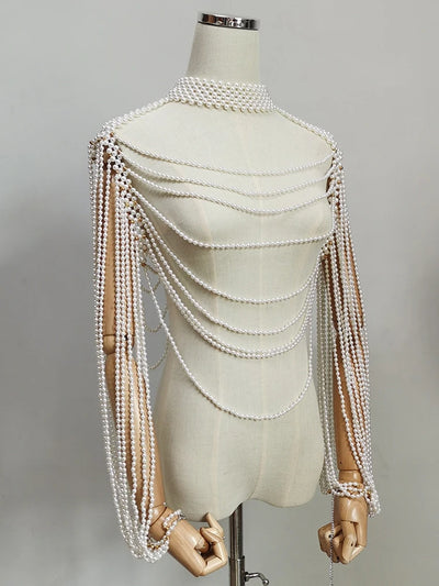 Women Pearl Tank Top Body Chain Jewelry Sexy Multilayer Pearl Tassel Long Sleeve Bra Chains Camisole Necklaces Collar Partywear