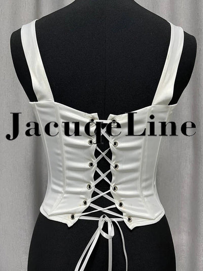 Jacqueline 2023 White Backless Bandage Corset Tops Women Sexy Square Neck Satin Bustier Tank Crop Top Elegant Party y2k Clothes