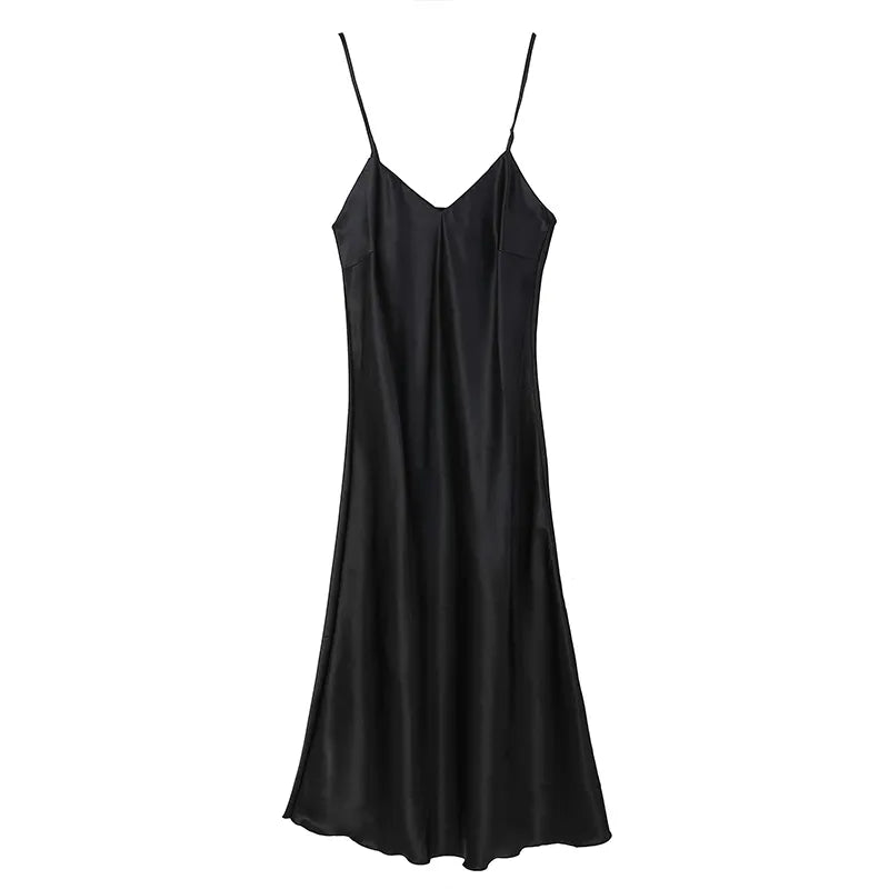 Women's Satin Nightgown Long Slip Sleep Dress Silk V Neck Sleepwear Solid Color Nightwear