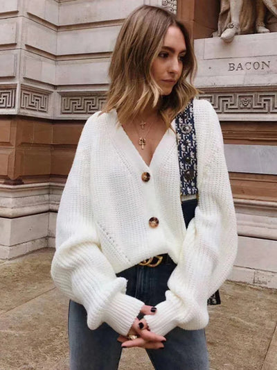 ZOKI Women Knitted Cardigans Sweater Fashion Autumn Long Sleeve Loose Coat Casual Button Thick V Neck Solid Female Tops 2023