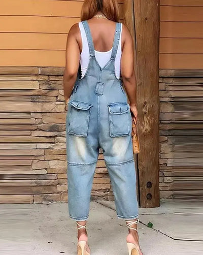 2023 Denim Jumpsuit Women's Overall Fashion Split Loose Wide Leg Pocket Button Slim Blue Suspenders Vintage Women's jumpsuit