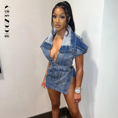 BoozRey Denim Two Piece Set Women Y2K Outfits Fashion Turn-down Collar Single Breasted Tops+Sexy Streetwear