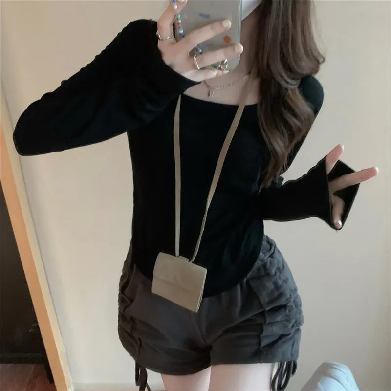 Autumn Korean Fashion Y2K T-shirt Woman Japanese Long Sleeve O-Neck Tee Shirt Women Vintage Sexy Corset Casual Crop Top Clothes