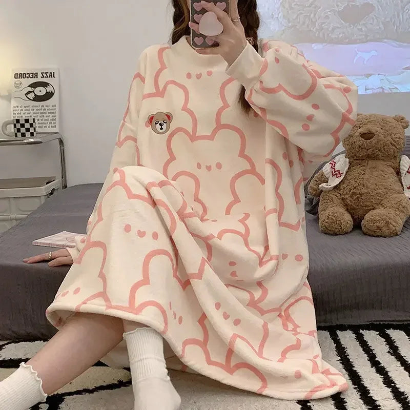 Women Sleep Dress Female Fleece Sleepwear Cute Print Long Nightgown Cartoon Pajama 2023 Winter Lady Plus Size Clothing Casual