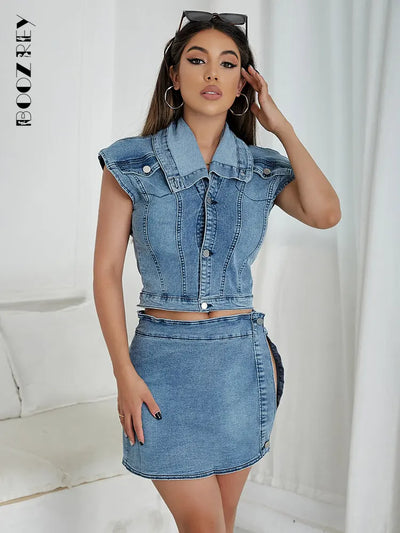 BoozRey Denim Two Piece Set Women Y2K Outfits Fashion Turn-down Collar Single Breasted Tops+Sexy Streetwear