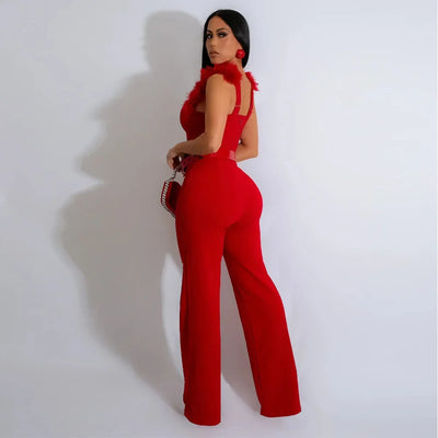 Wishyear Elegant Ostrich Shoulder Sweetheart Collar with Belt Sexy Party Club Jumpsuit Women One Piece Suit Birthday Playsuits