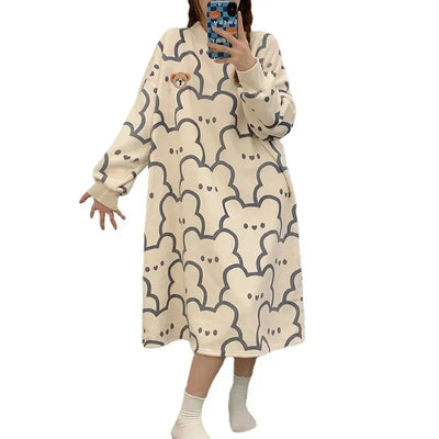 Women Sleep Dress Female Fleece Sleepwear Cute Print Long Nightgown Cartoon Pajama 2023 Winter Lady Plus Size Clothing Casual