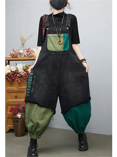 Women‘s Jumpsuits 2022 New Spring Summer Baggy Color Matching Cowboy Rompers Boyfriend Overalls Suspenders Jeans Monos Mujer