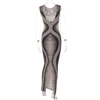 BKLD Long Dress Womens Summer Clothing 2024 New Fashion Print Slim Round Neck Sleeveless Slit Dress Bodycon Sexy Party Clubwear