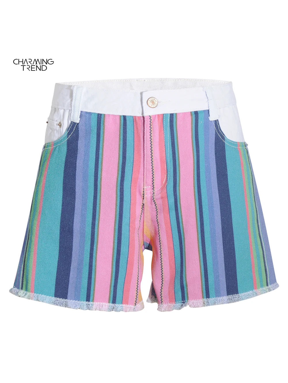 2022 Summer Color Denim Shorts Women Short Streetwear Short Vintage Striped Shorts High Street Colorful Loose Denim Short Pants