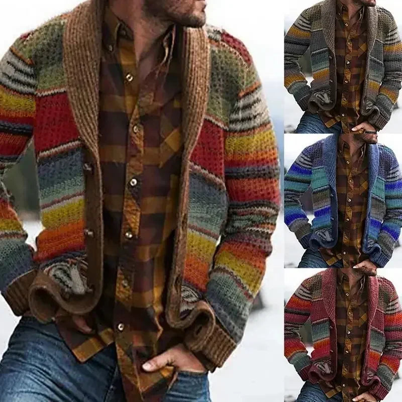 Vintage Sweater Men's Knitwear Autumn Color Block Rainbow Striped Sweater Tops Men Cardigans 2022 Fall Casual Knitted Cardigan