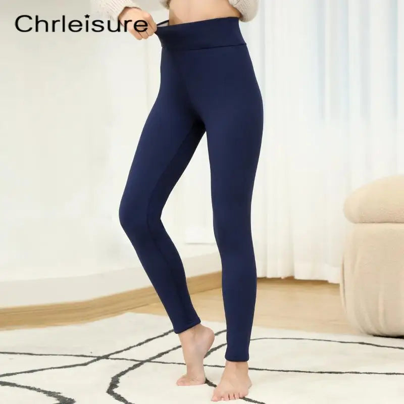 CHRLEISURE Winter Warm Pants Women High Waist Fleece Thick Velvet Trousers Elastic Casual Cold Resistant Lamb Wool Women Pants