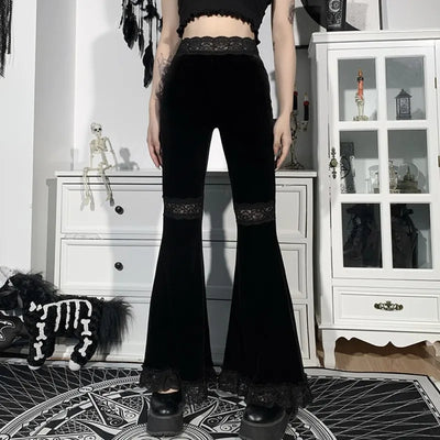 Women Gothic Punk Black Velvet Flare Pants Harajuku Sexy Hollow Out Lace Patchwork High Waist Skinny Vintage Gypsy Bell Bottom