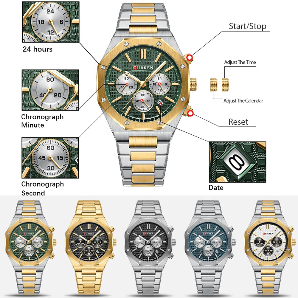 CURREN Fashion Casual Stainless Steel Band Quartz Wristwatches with Chronograph Waterproof Men's Watches