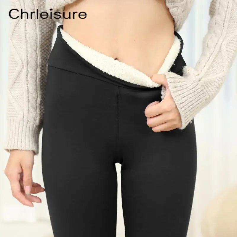 CHRLEISURE Winter Warm Pants Women High Waist Fleece Thick Velvet Trousers Elastic Casual Cold Resistant Lamb Wool Women Pants