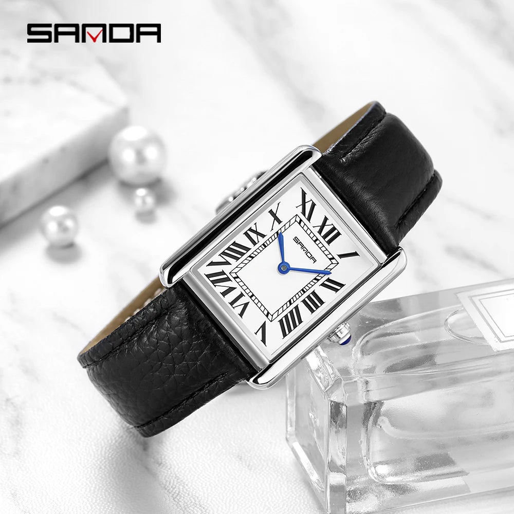 SANDA Men Women Rectangular Quartz Wrist Watches for Casual Ladies Stainless Watches Luxury Leather Lovers Gift Box Clock