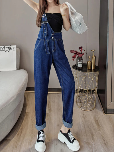 Single-shoulder Strap Jeans Jumpsuit Women Korean Fashion Pocket Blue Rompers Female Niche Demin Streetwear Overall Clothes Y2k