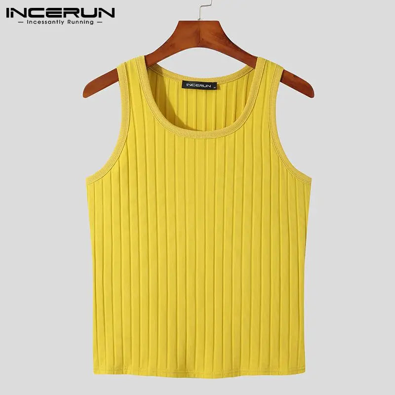 INCERUN Korean Style Tops 2023 New Men's Fashion Knit Stretch Vests Stylish Male Solid Color COmfortable Summer Tank Tops S-5XL