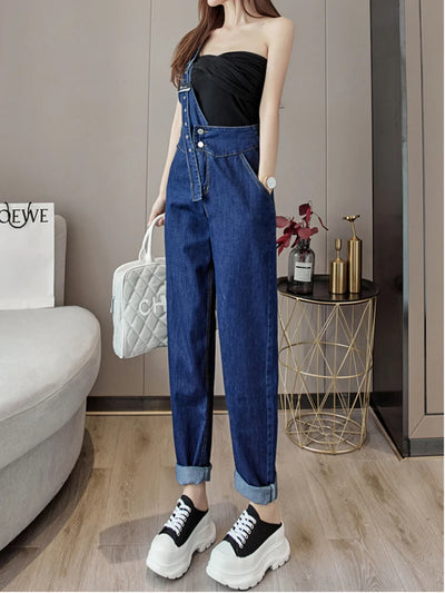 Single-shoulder Strap Jeans Jumpsuit Women Korean Fashion Pocket Blue Rompers Female Niche Demin Streetwear Overall Clothes Y2k