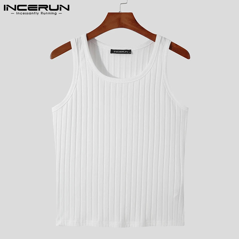 INCERUN Korean Style Tops 2023 New Men's Fashion Knit Stretch Vests Stylish Male Solid Color COmfortable Summer Tank Tops S-5XL