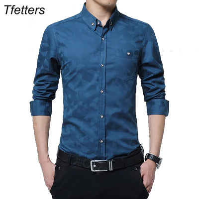 TFETTERS Cotton Smart Casual Men Shirt Long Sleeve Jacquard Weave Slim Fit Shirt Men Cotton Mens Dress Shirts Men Clothes