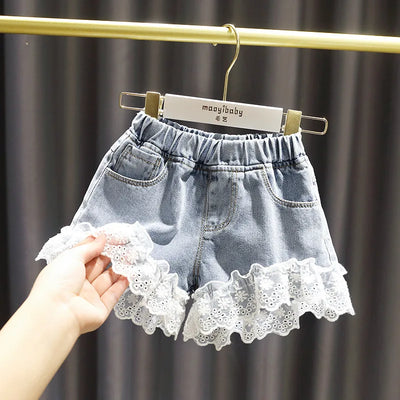 2021 Girls Denim Shorts Teenage Girl Summer Lace Pants Kids Bow Clothes Children Flowers Embroidery Jean Short For Teenager