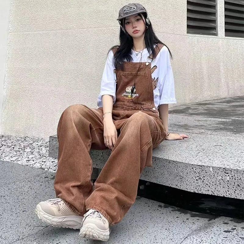 Spring Women Denim Overalls Brown Straight Long Wide Leg Jumpsuits 2023 Korean Streetwear Loose Summer Women Thin Denim Jumpsuit