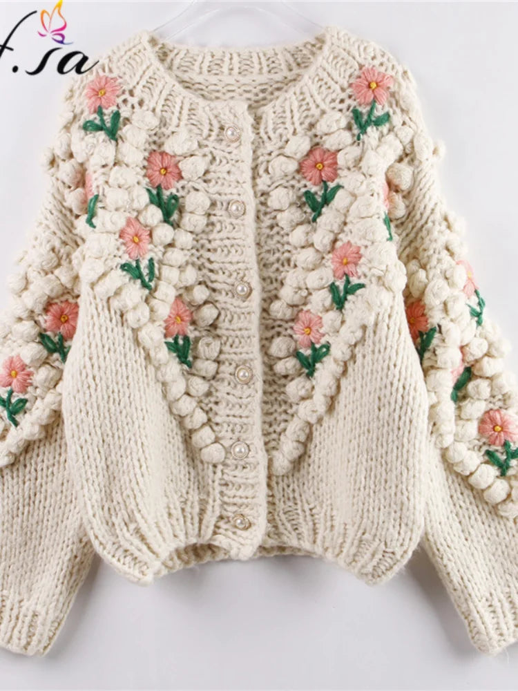 H.SA 2022 New Women Winter Handmade Sweater And Cardigans Floral Embroidery Hollow Out Chic Knit Jacket Pearl Beading Cardigans