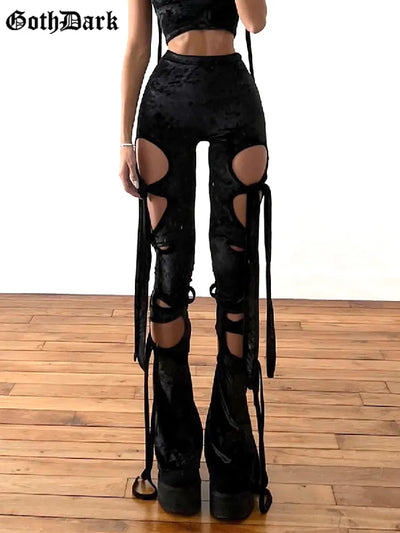 Goth Dark Velvet Hollow Out Mall Gothic Pencil Pants Grunge Aesthetic Punk Sexy High Waist Trousers Y2k Bandage Women Alt Bottom