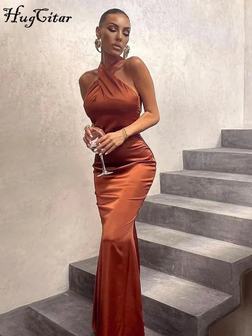 Hugcitar Solid Satin Halter Sleeveless Backless Slim Bodycon Maxi Dress 2021 Fall Winter Women Party Elegant Streetwear Outfit