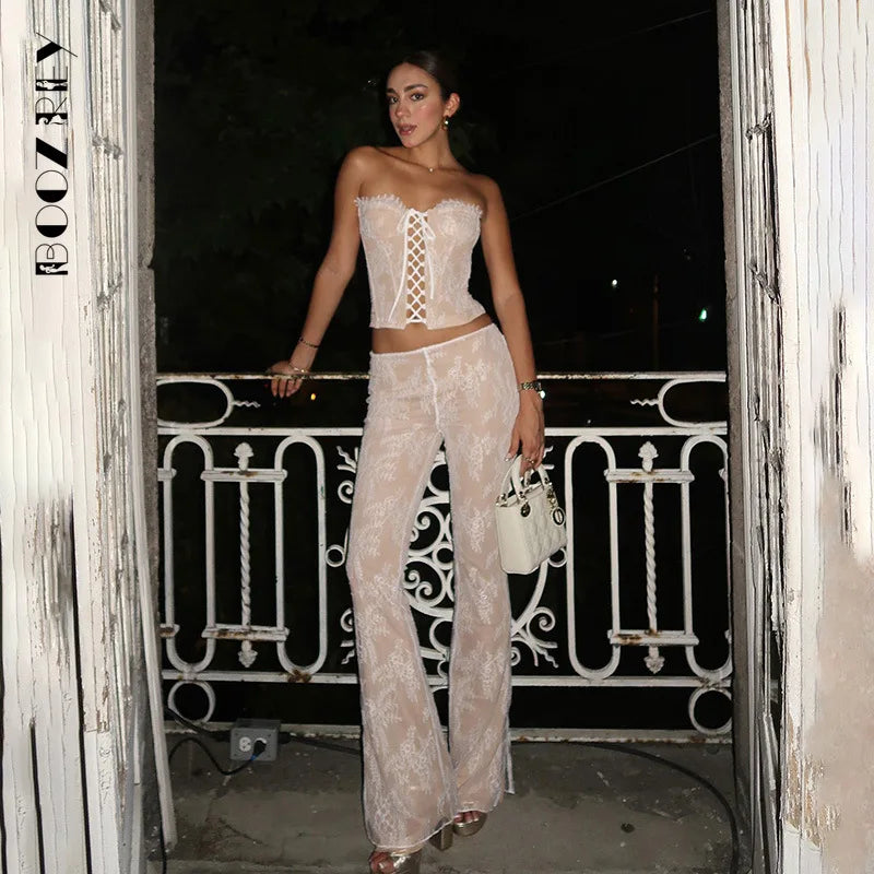 BoozRey Breast Strap Hollowed Out Top High Waist Lace  Splicing Straight Leg Micro Cropped Pants Summer Fashion Two-piece