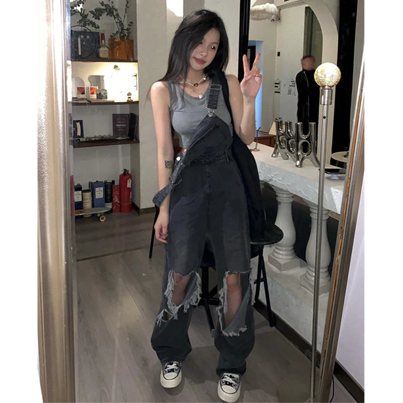 MEXZT Streetwear Denim Overalls Women 5Xl Y2K Vintage Hole Wide Leg Jeans Jumpsuit Summer High Waist Loose Casual Suspend Pants