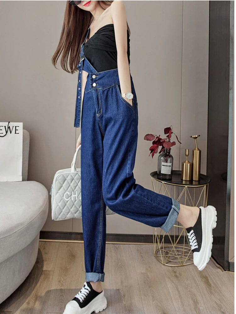 Single-shoulder Strap Jeans Jumpsuit Women Korean Fashion Pocket Blue Rompers Female Niche Demin Streetwear Overall Clothes Y2k