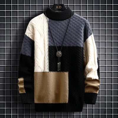 2023 Autumn Winter Men Sweater Warm Fashion Stitching Color Matching Pullover Round Neck Sweater Thickened Knitted Sweater S-3Xl